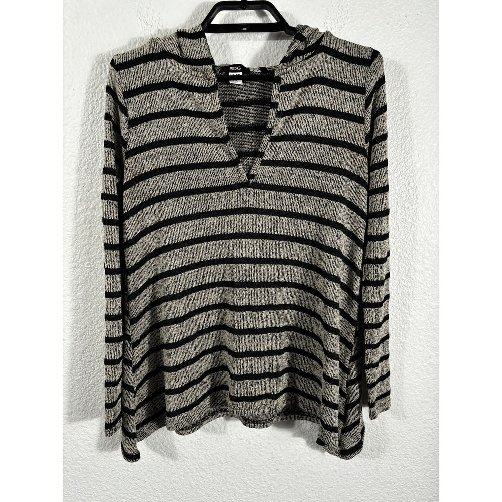 BDG Pullover Sweater Womens XS Black Gray Stripe Knit Hoodie Beachy Long Sleeve